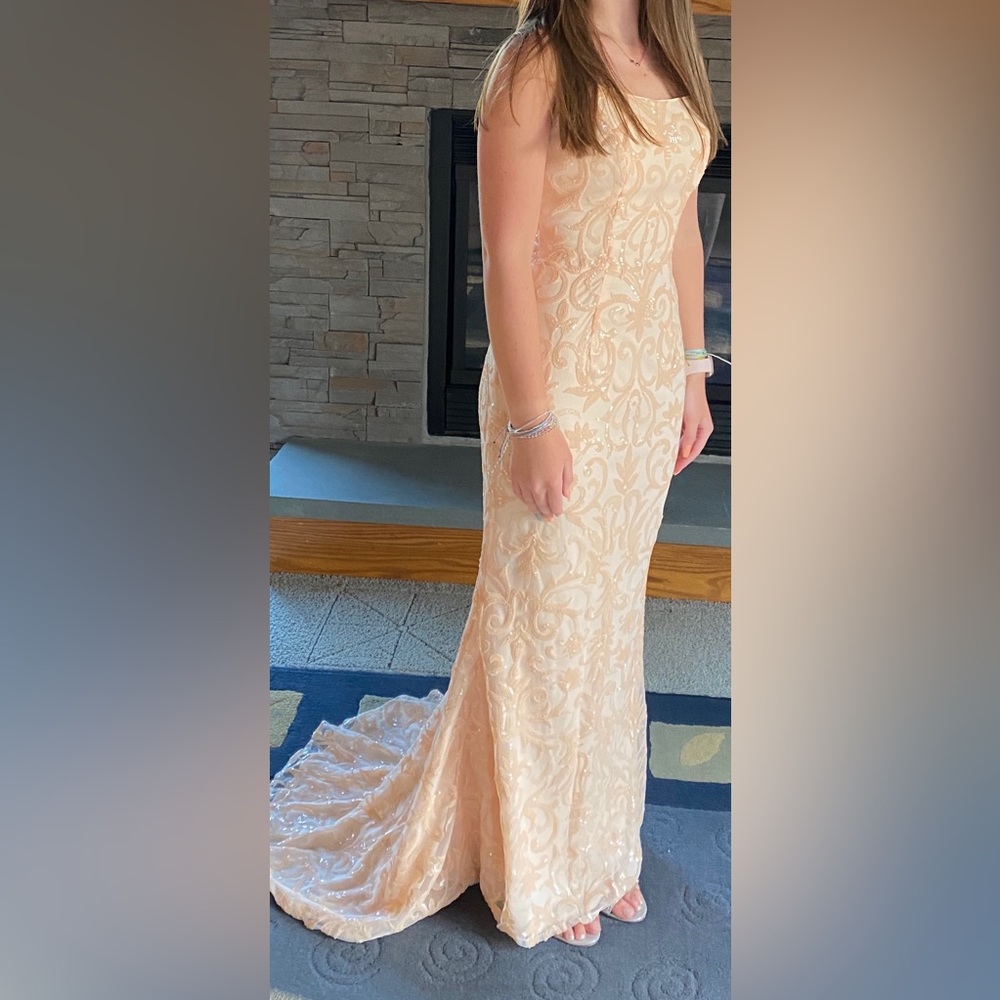 Champagne pink/peach sparkle mermaid style prom dress.